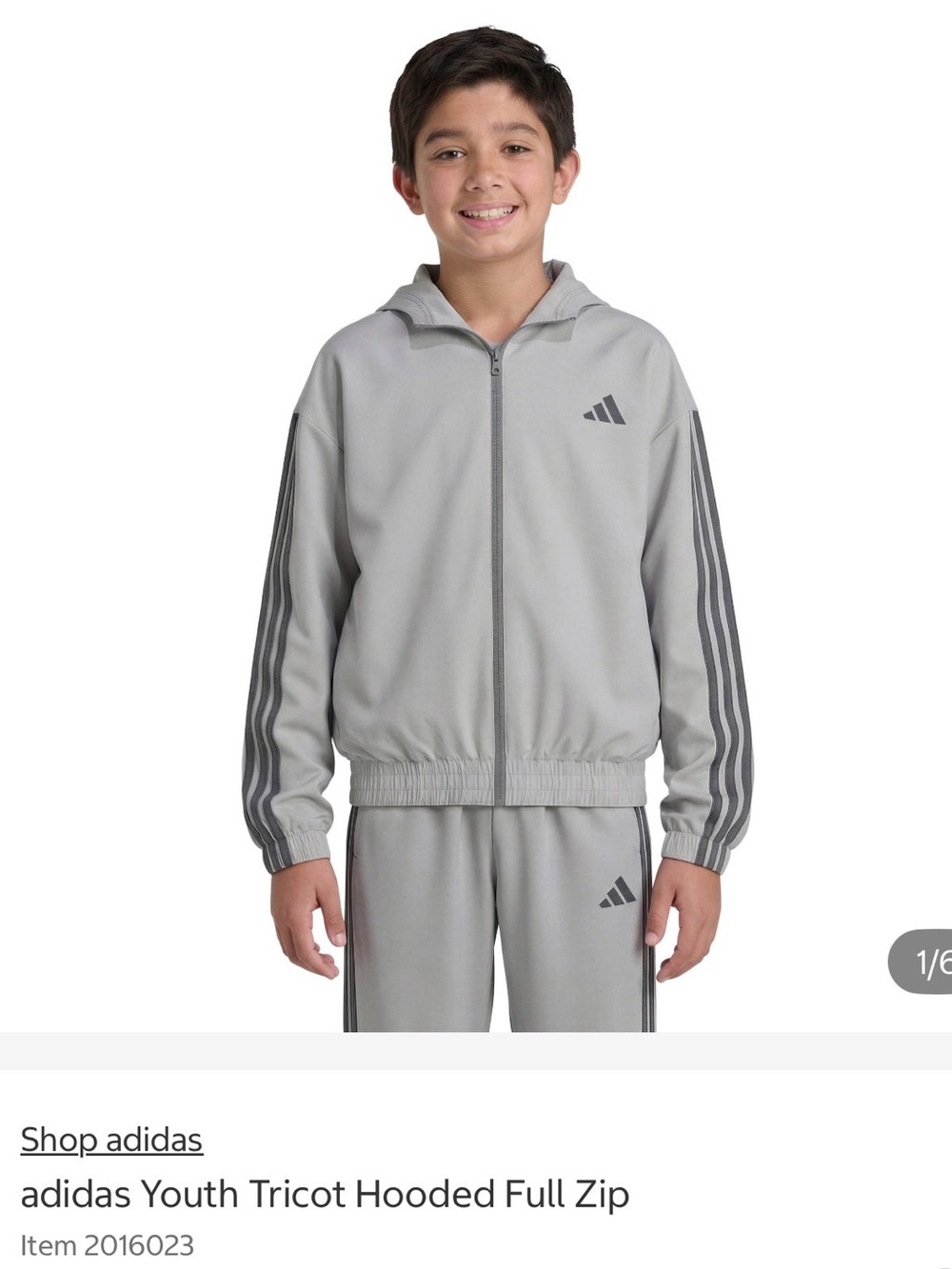 adidas Youth Hooded Tricot Full-Zip Jacket - Light Gray top only NWT